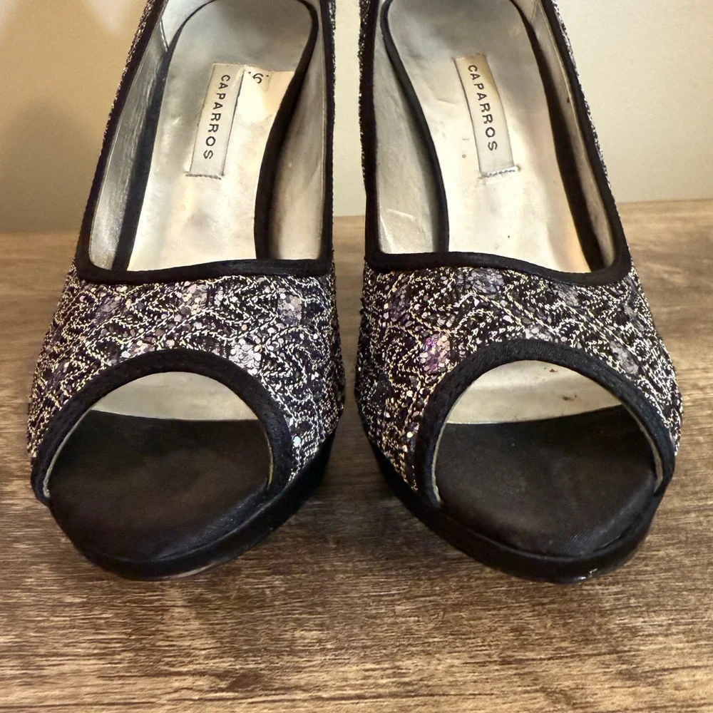 Caparros Peep Toe Formal Platform High Heels Shoes Silver Black Sparkle Size 6